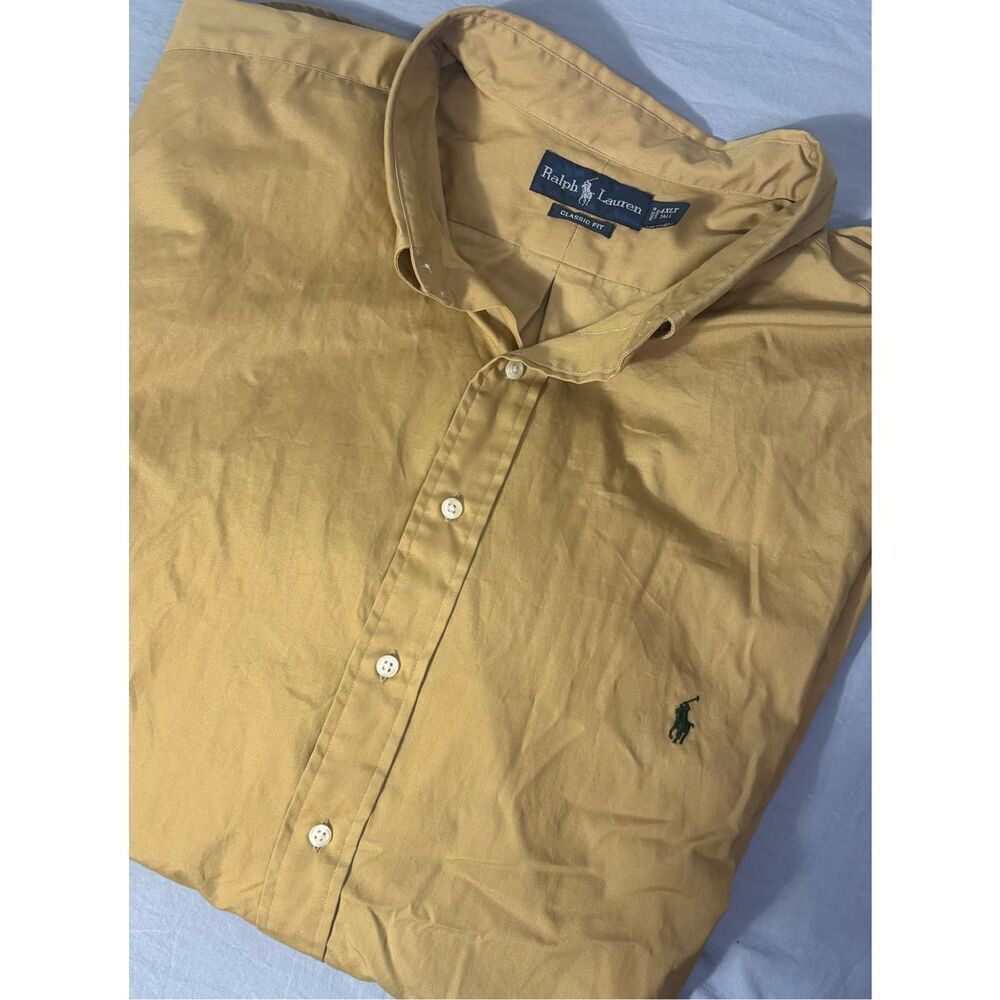 Ralph Lauren Mens Shirt 4XLT Tan Brown Button Long Sleeve Green Pony